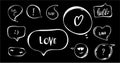 Hand drawn set of speech bubbles with hand written short phrases purr, love you, chat, hello. quotes, question Royalty Free Stock Photo