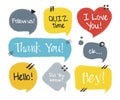 Hand drawn set of speech bubbles with handwritten short phrases hey, thank you, hello, ok, i love you, quiz time, follow us, did