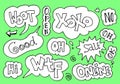 Hand drawn set of speech bubbles with handwritten short phrases woot, open, xoxo, good, sale, wtf, online and more on green