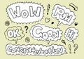 Hand drawn set of speech bubbles with handwritten short phrases wow,ok,pow,hi,good and congratulation. vector illustration