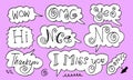 Hand drawn set of speech bubbles with handwritten short phrases wow,OMG,hi,thank you,nice,no,yes,i miss you,oops on yellow