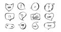 Hand drawn set of speech bubbles with hand written short phrases purr, love you, chat, hello. quotes, question, exclamation mark Royalty Free Stock Photo