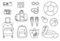 Hand drawn set of summer vacation elements, luggage and bathing accessories. Travel element drawn in doodle style Royalty Free Stock Photo