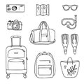 Hand drawn set of summer vacation elements, luggage and bathing accessories. Travel element drawn in doodle style Royalty Free Stock Photo