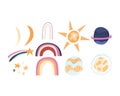 Hand drawn set with sun, moon, stars, rainbows, planets. Cosmos colorful collection. Modern vector illustration isolated Royalty Free Stock Photo