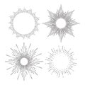 Hand drawn set of sunburst etching style frame rays vector illustration