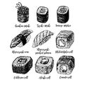Hand drawn set of sushi and rolls. Vector sketch Royalty Free Stock Photo