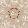 Hand-drawn set sweet strawberries with leaves. Template emblem with text at the center. Organic Food. Vector illustration