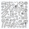 Hand drawn set of sweets and candies. Desserts, chocolate, macaroons, marshmallow. Doodle style. Sweet food. Stickers