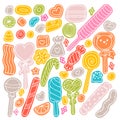 Hand drawn set of sweets and candies. Desserts, chocolate, macaroons, marshmallow. Doodle style. Sweet food