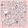 Hand drawn set of sweets and candies. Desserts, chocolate, macaroons, marshmallow. Doodle style. Sweet food