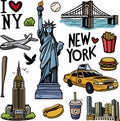 New York city doodles elements. Isolated colorful sketch collection.