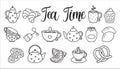Hand drawn set of Tea time doodle icons. Teapots, cups, lemon and sweets in sketch style. Vector illustration isolated on white Royalty Free Stock Photo