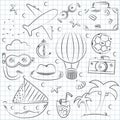 Hand drawn set of travel doodle icons. Line art. Royalty Free Stock Photo