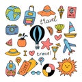 Hand drawn set of traveling icons. Holiday, vacation, travel journey. Summer collection. Design elements