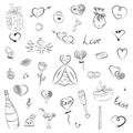 Hand Drawn Set of Valentine`s Day Symbols. Children`s Funny Doodle Drawings of Hearts, Gifts, Rings, Balloons. Sketch Style.