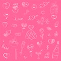 Hand Drawn Set of Valentine`s Day Symbols. Children`s Funny Doodle Drawings of Hearts, Gifts, Rings, Balloons. Sketch Style