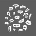 Hand drawn set of varicolored speech bubbles with handwritten short phrases yes, ok, what`s up, omg, good, no, yes , hello, wtf,