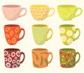 Hand drawn set of various cups. Ceramic mugs for matcha or different beverages and drinks. Flat Vector Illustration Royalty Free Stock Photo