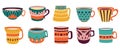 Hand drawn set of various cups with tea or coffee. vector. Side view. Flat design.