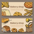Hand drawn set of vector illustration cards- collection of baking goodies, bread, buns and pastries around the letters