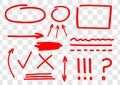 Hand drawn set of vector red marks, arrows, ingles, lines, amendments and corrections. Red marker line