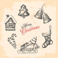 Hand-drawn set of vintage Christmas objects and symbols. Sketch. Happy New Year Royalty Free Stock Photo