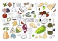 Hand drawn set with wine, different cheese, grape, vegetables isolated on white background