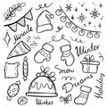 Hand drawn set of winter Christmas doodles. Vector simple new year illustrations. Set of neew year holiday elements Royalty Free Stock Photo