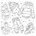 Hand drawn set of winter cloth and essentials doodle coloring