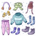 Hand drawn set of winter clothes doodle fullcolor