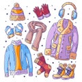 Hand drawn set of winter clothes and essentials doodle fullcolor