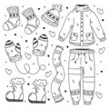 Hand drawn set of winter essentials doodle coloring