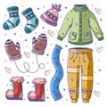 Hand drawn set of winter essentials doodle fullcolor