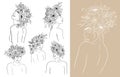 Hand drawn set of woman figure with flowers, leaves in line art. Gentle silhouette young women, bouquet. Peony, cotton, lily, Royalty Free Stock Photo