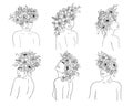 Hand drawn set of woman figure with flowers in line art. Gentle silhouette young woman. Portrait abstract face. Vector Royalty Free Stock Photo