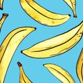 Hand drawn set of yellow Bananas seamless pattern. Tropical fruit isolated on white background. Food botanical watercolor illustra