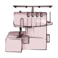 Hand-drawn sewing overlock retro sketch for your design. A modern illustration of a sewing machine on a white background. Purple