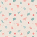 Hand drawn shells, starfish and corals seamless pattern. Textured lino cut style summer illustrations backdrop. Playful