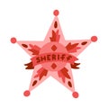 Hand drawn sheriff badge in the star shape in cartoon cute style. Cowgirl emblem of western police, sign of law Royalty Free Stock Photo