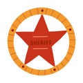 Hand drawn sheriff badge in the star shape in cartoon cute style. Golden emblem of western police, sign of law, security