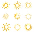 Hand drawn shining sun collection. Summer heat vector doodle sun symbols