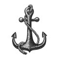 Hand-drawn ship anchor and rope. Vintage sketch vector illustration