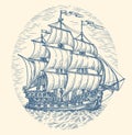 Hand drawn ship frigate sailboat old sketch. Vintage engraving style vector illustration Royalty Free Stock Photo