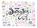 Hand drawn shopping lettering with doodle colorful line icons pattern.