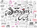 Hand drawn shopping lettering with doodle icons