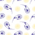 Hand drawn shrimps and lemon seamless pattern