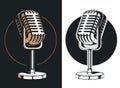 Silhouette podcasting microphone recording isolated vector logo icon illustration on black and white style Royalty Free Stock Photo