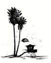 Hand drawn palm trees silhouette on beach with  lifeguard tower. Sunset in the ocean Royalty Free Stock Photo