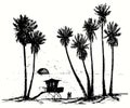 Hand drawn palm trees silhouette on beach with lifeguard tower. Couple in love looking at sunset in the ocean Royalty Free Stock Photo